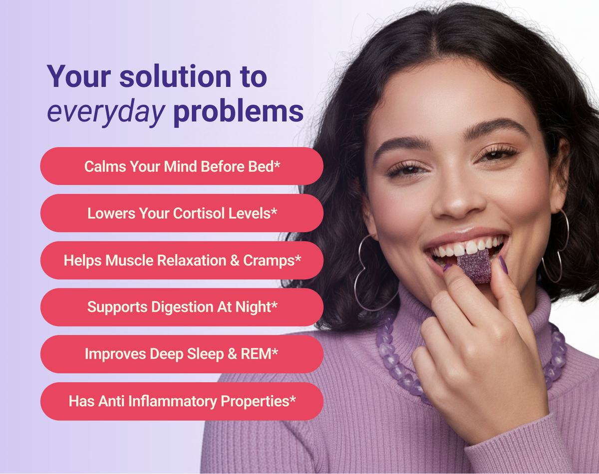 Promotional banner with headline 'Your solution to everyday problems', listing sleep gummy benefits, and a smiling woman holding a purple gummy
