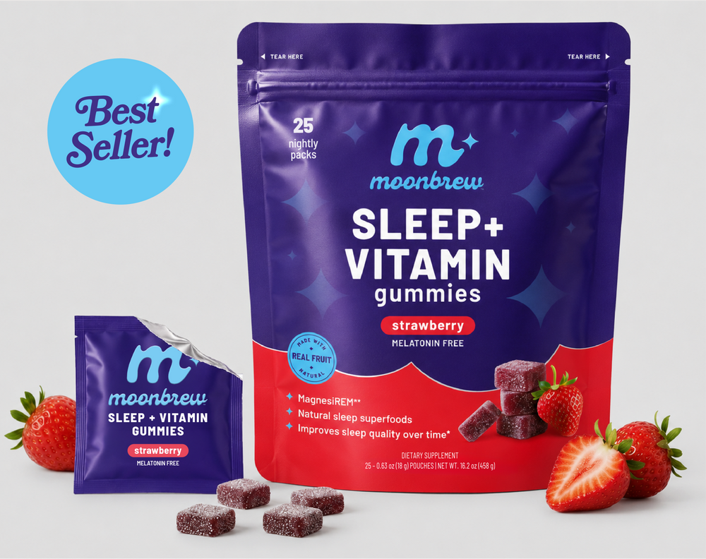 Front view of MoonBrew Sleep Plus Vitamin strawberry melatonin-free gummies pouch with sachet and strawberries on white